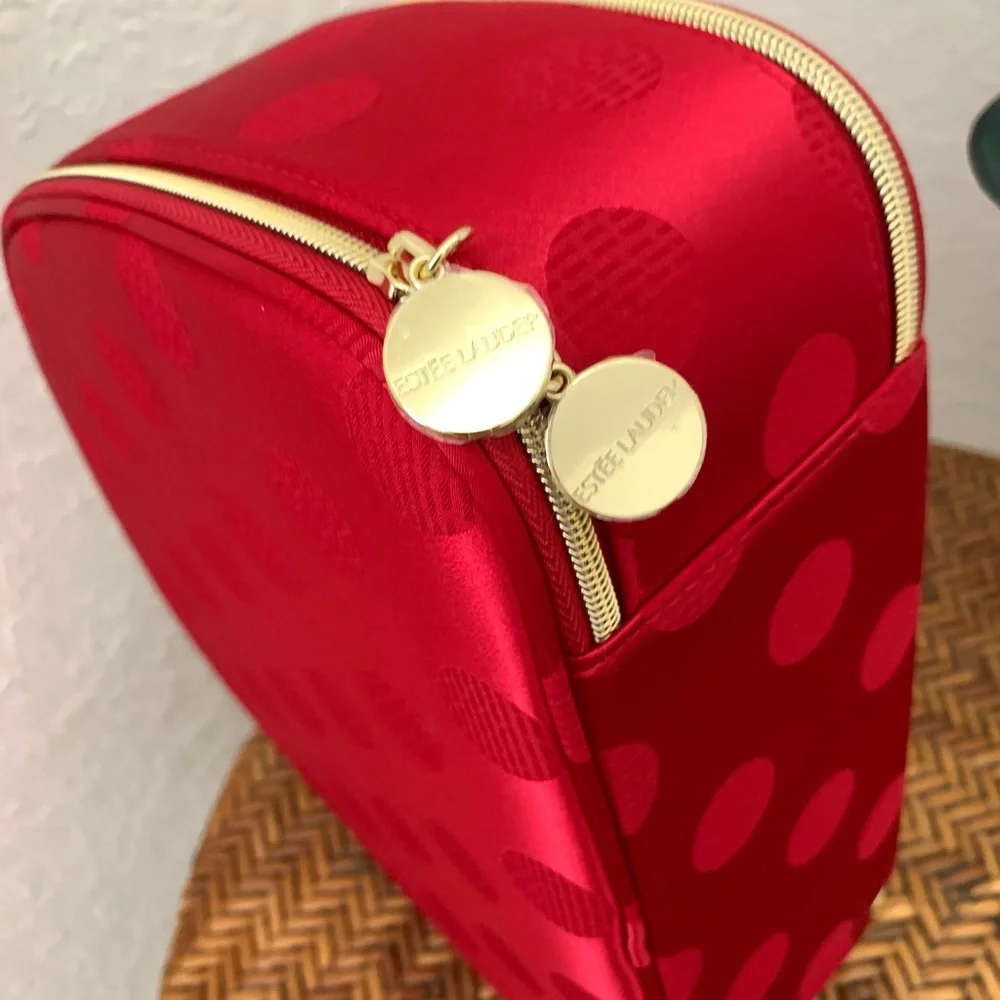 Estee Lauder Sateen Red Polka Dot Large Cosmetic Travel Case